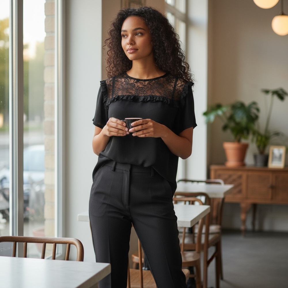 French Connection Black Lace Detail Blouse